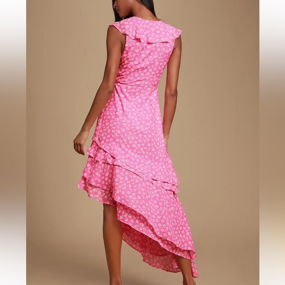 Lulus Cornelia Fuchsia Pink Floral Print Ruffled Wrap Midi Dress size M - Picture 4 of 8